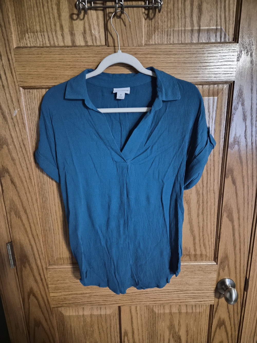 Liz Claiborne Teal V-Neck Short Sleeve Collared Blouse